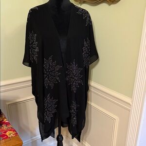 Jessica McClintock Black Sheer Kimono with Silver Rhinestones Floral Design NWT